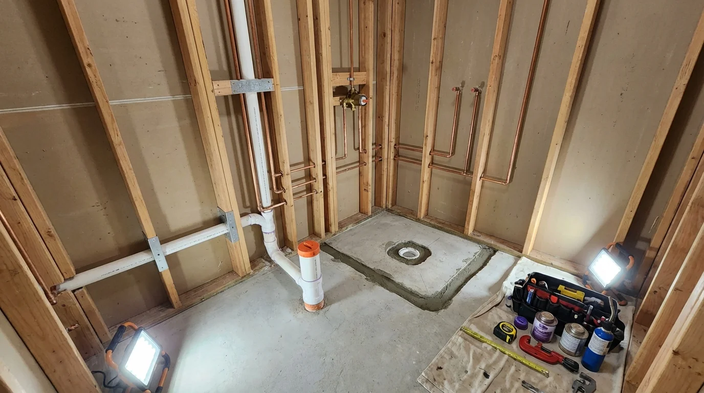 Bathroom rough-in plumbing during remodel by Johns Plumbing LLC in Mars Hill