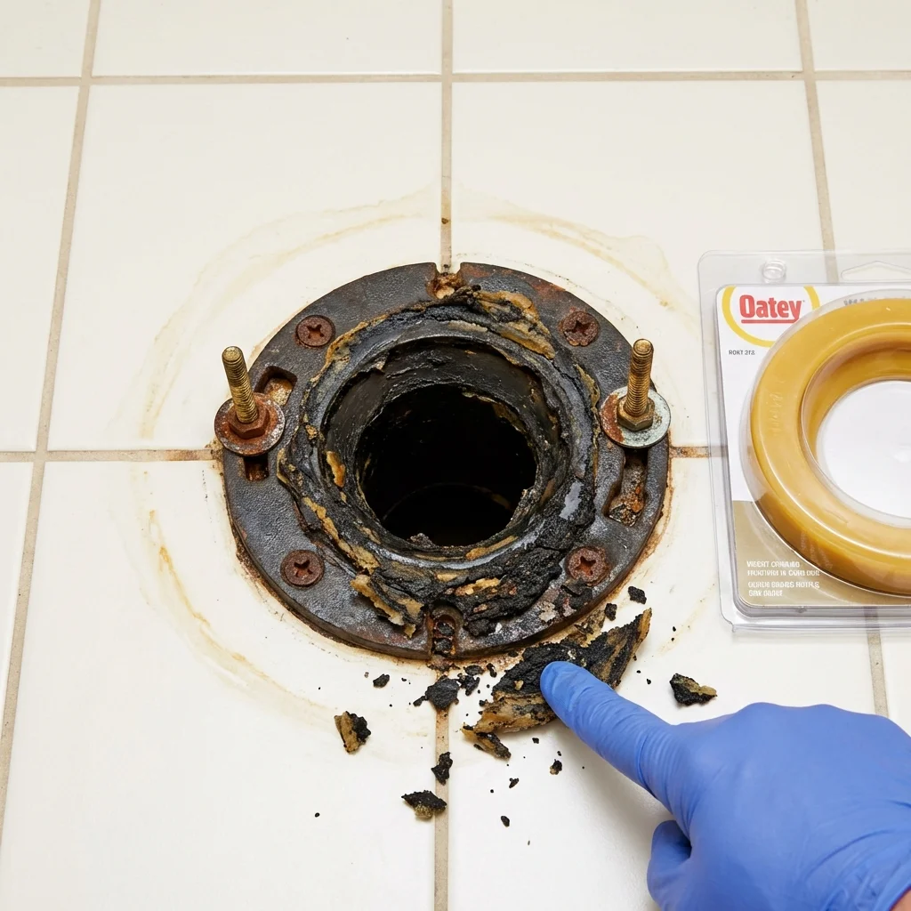 Failed wax ring showing water seepage at the base of a toilet in a Mars Hill, NC home