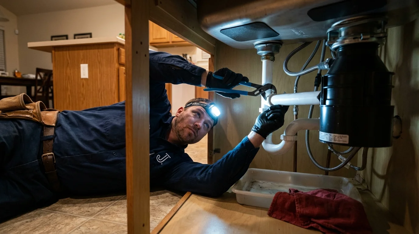 P-trap and supply line connections under a kitchen sink showing a common leak point in Mars Hill, NC